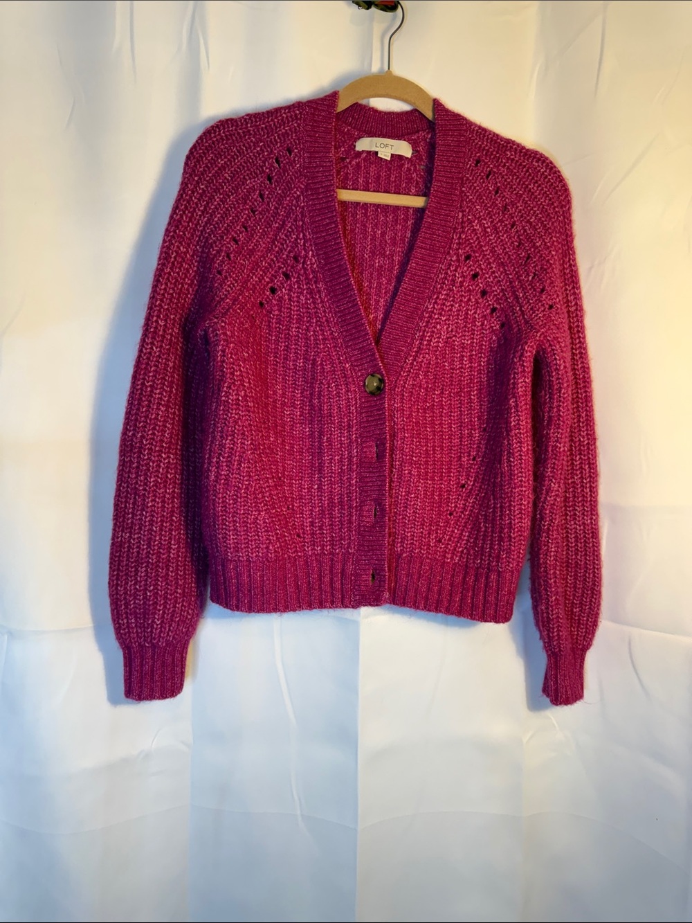 LOFT Fuchsia Knit Button-Up Cardigan